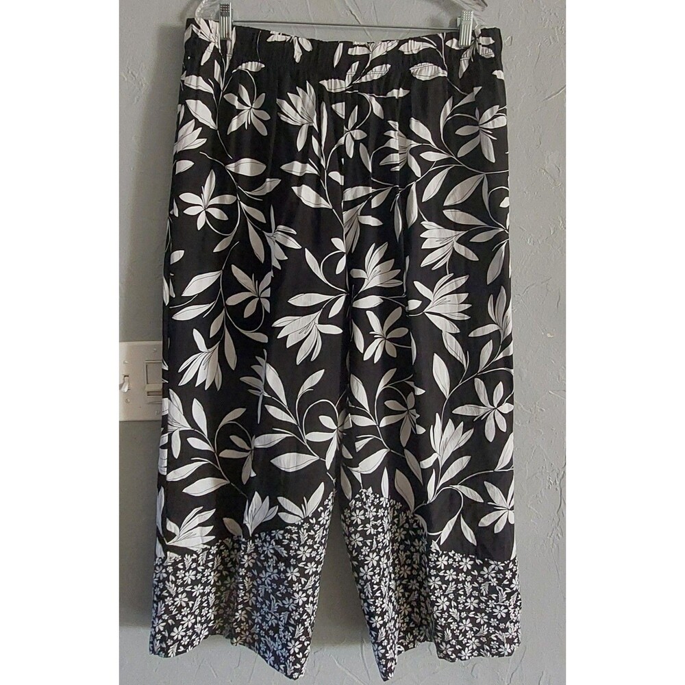 Susan Graver Pants Straingh Floral Women's L,Rayon, Viscose, Elastic Waist.